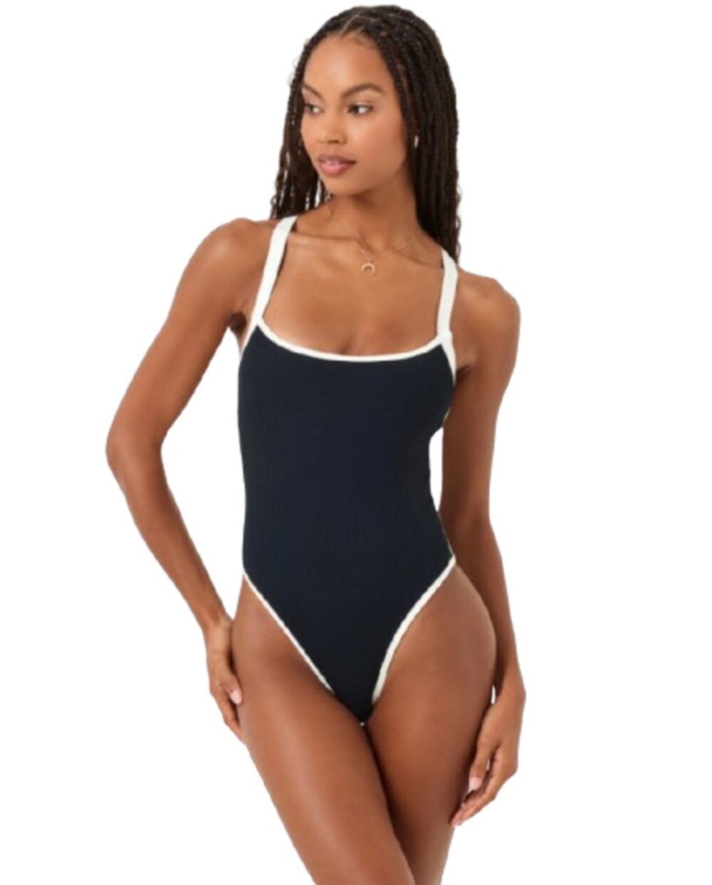 L*SPACE Women's Ribbed Baewatch One Piece Swimsuit XL Black Cream Low Back NWT